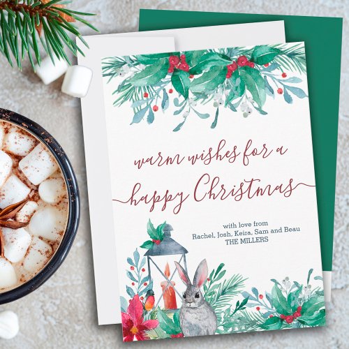 Holly Mistletoe Rabbit and Lantern Happy Christmas Holiday Card