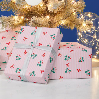 Holly & Mistletoe- Soft Pink Christmas Pattern Wrapping Paper