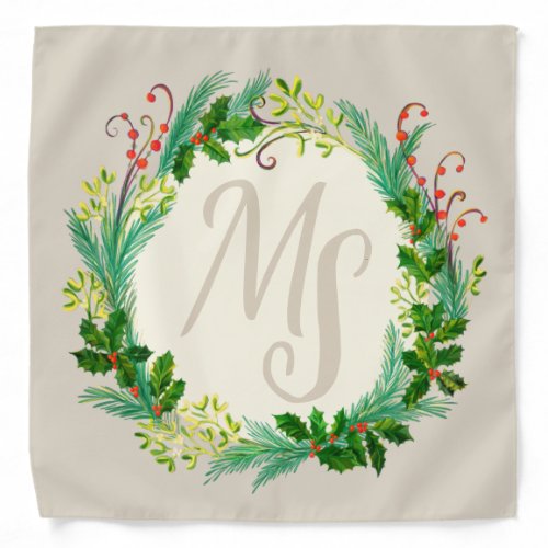 Holly mistletoe wreath with initials green beige bandana