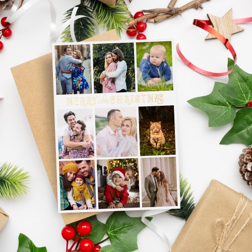 Holly Modern Elegant Collage 10 Photos Family Foil Holiday Card