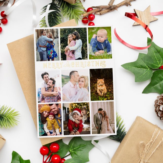 Holly Modern Elegant Collage 10 Photos Family Foil Holiday Card (Holly Modern Elegant Collage 10 Photos Family Christmas Holiday Card.)