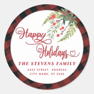 Holly Modern plaid red script Happy Holidays  Classic Round Sticker