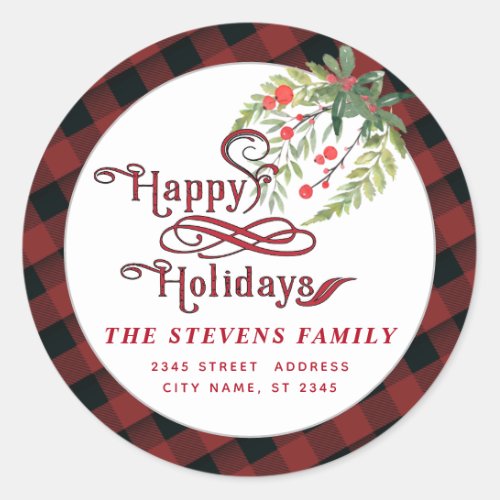 Holly Modern plaid red script Happy Holidays  Classic Round Sticker