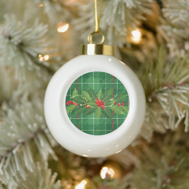 Holly on Christmas Plaid 2 Ceramic Ball Christmas Ornament (Tree)