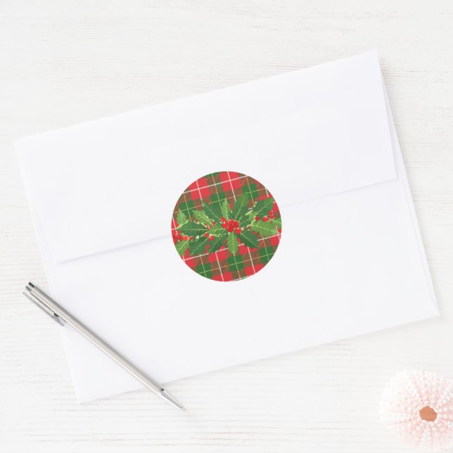 Holly on Christmas Plaid 3 Classic Round Sticker (Envelope)