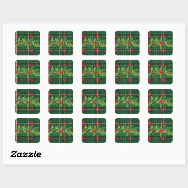 Holly on Christmas Plaid 8 Square Sticker (Sheet)