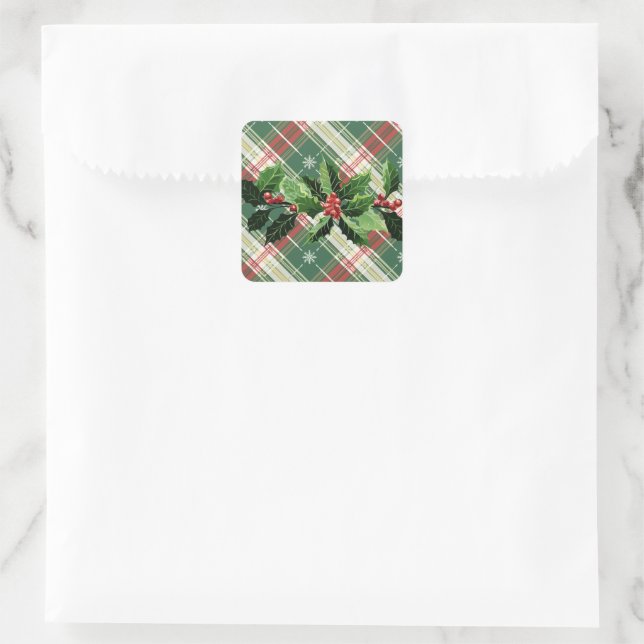 Holly on Christmas Plaid 9 Square Sticker (Bag)
