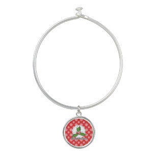 Holly on Red White Snowflakes Pattern - Merry Xmas Bangle Bracelet