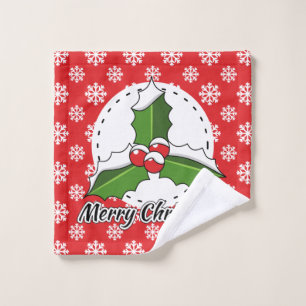 Holly on Red White Snowflakes Pattern - Merry Xmas Bath Towel Set