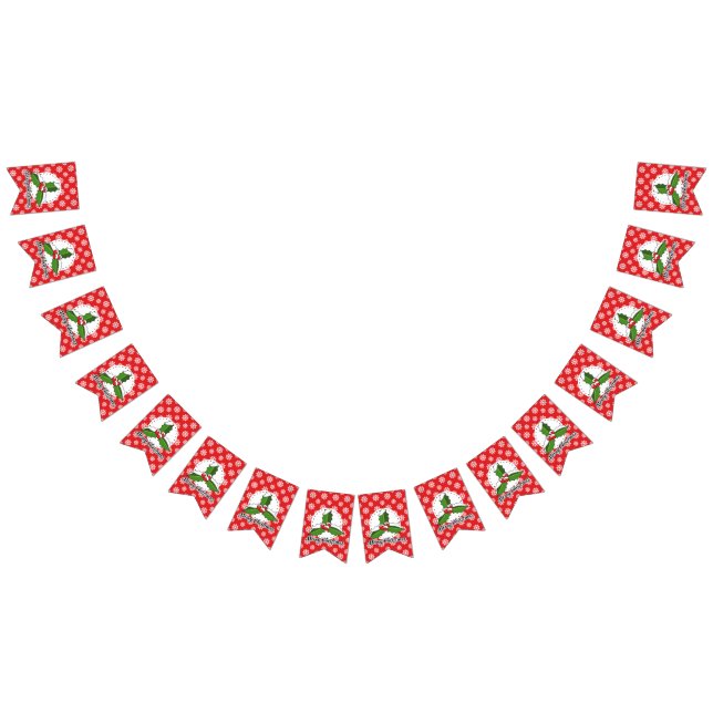 Holly on Red White Snowflakes Pattern - Merry Xmas Bunting Flags (All)