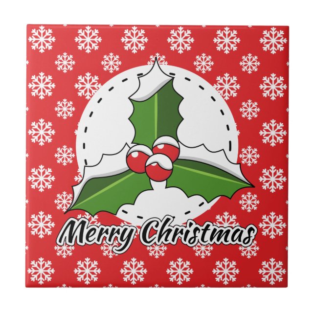 Holly on Red White Snowflakes Pattern - Merry Xmas Ceramic Tile (Front)