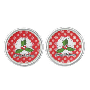 Holly on Red White Snowflakes Pattern - Merry Xmas Cufflinks