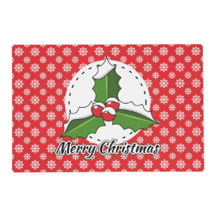 Holly on Red White Snowflakes Pattern - Merry Xmas Placemat