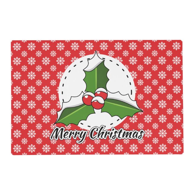 Holly on Red White Snowflakes Pattern - Merry Xmas Placemat (Front)