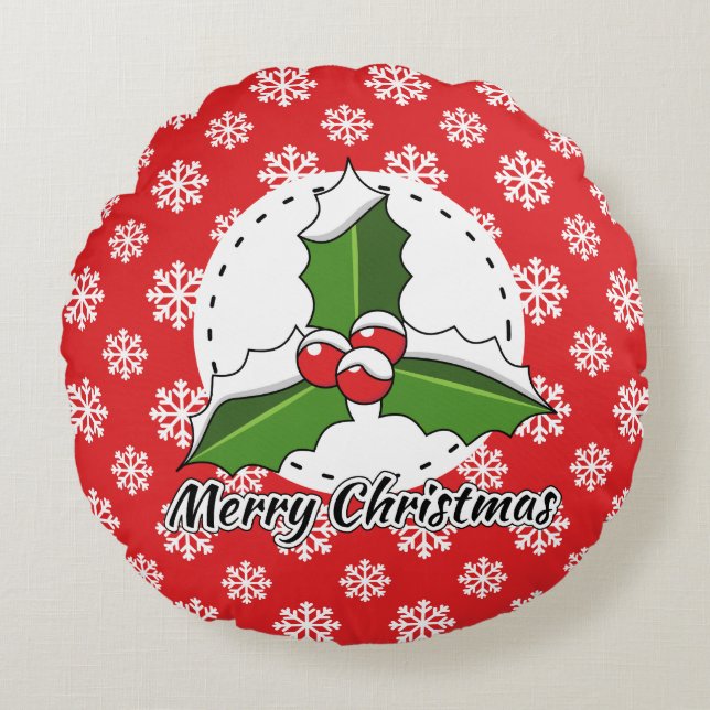 Holly on Red White Snowflakes Pattern - Merry Xmas Round Pillow (Front)