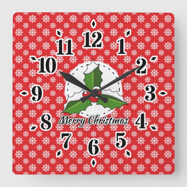 Holly on Red White Snowflakes Pattern - Merry Xmas Square Wall Clock (Front)