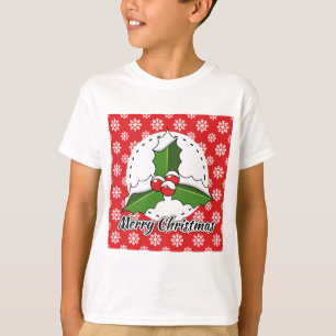 Holly on Red White Snowflakes Pattern - Merry Xmas T-Shirt