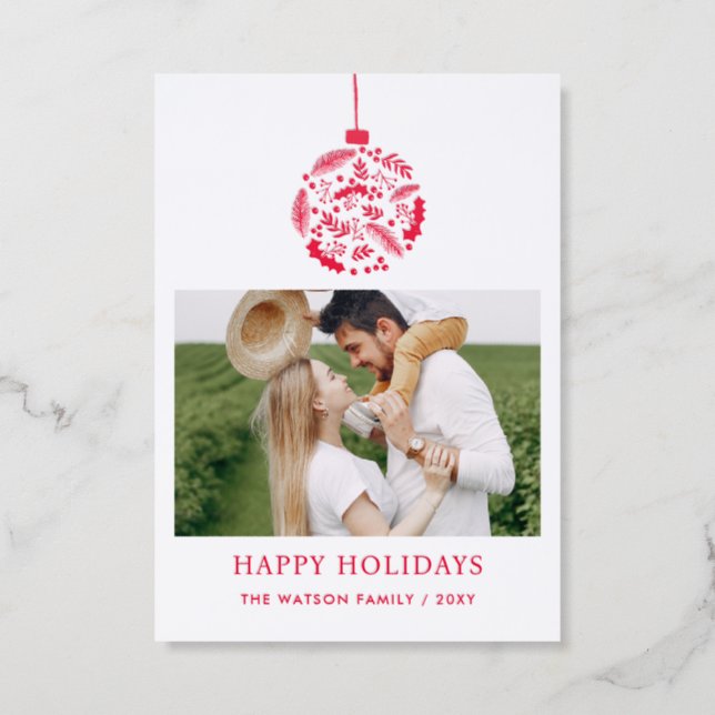 Holly Ornament Christmas Holidays Photo Letterpress Photo Cards (Front)