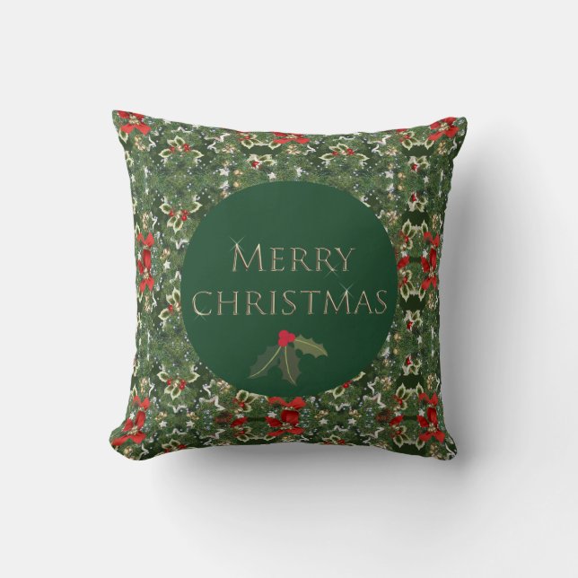 Holly Pattern Green and Red Christmas Square Throw Pillow (Front)