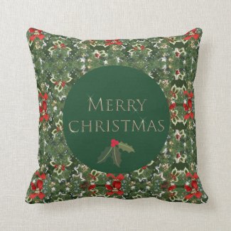 Holly Pattern Green and Red Christmas Square Throw Pillow