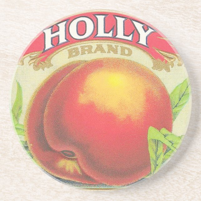Holly Peaches Vintage Fruit Crate Label Drink Coaster (Front)