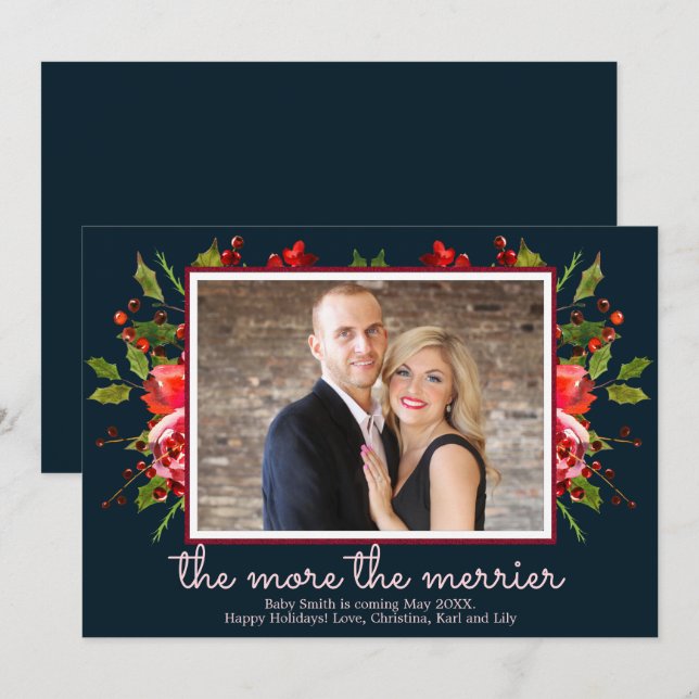 Holly Photo Christmas Pregnancy Announcement Cards (Front/Back)