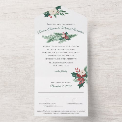 Holly Pine and Berries Holiday Wedding All In One  All In One Invitation