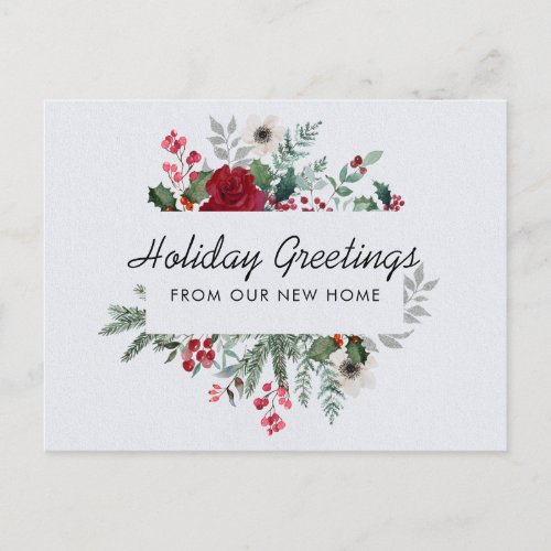 Holly Pine and Roses New Home Holiday Moving Announcement Postcard