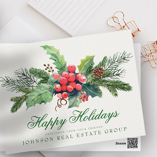 Holly Pine & Berry | Business Holiday Greetings Postcard (Creator Uploaded)