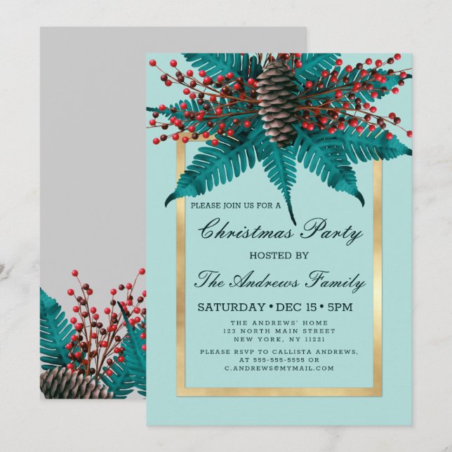 Holly Pine Cone Bouquet Gold Border Christmas Invitation (Front/Back)