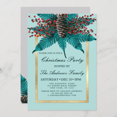 Holly Pine Cone Bouquet Gold Border Christmas Invitation