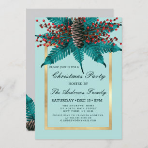 Holly Pine Cone Bouquet Gold Border Christmas Invitation