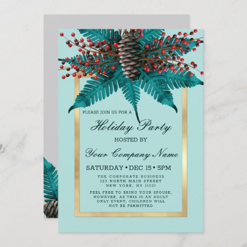 Holly Pine Cone Bouquet Gold Corporate Holiday Invitation