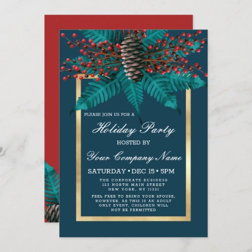 Holly Pine Cone Bouquet Gold Corporate Holiday Invitation