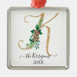 Holly Pine Cone Monogram K Gold Glitter Christmas Metal Ornament