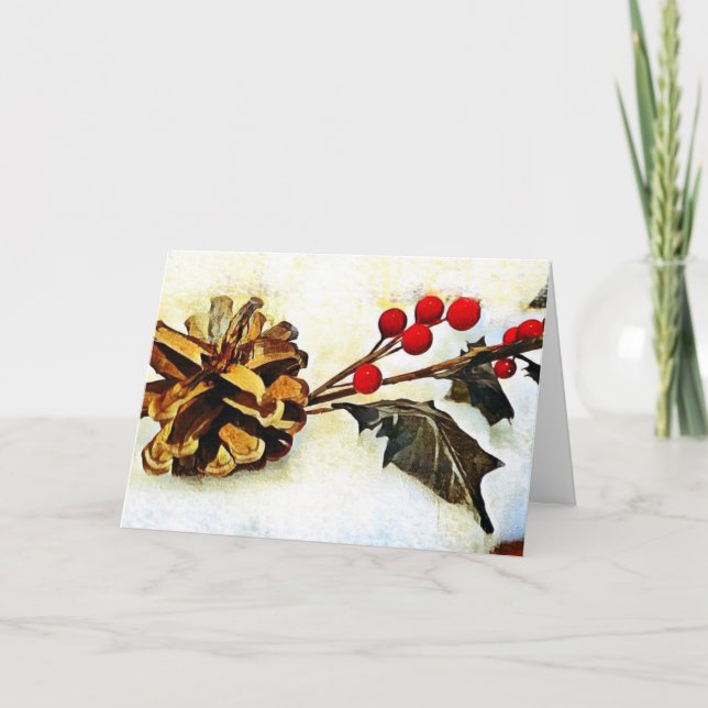 Holly Pine Cone Winter Greetings Holiday Card (Front)