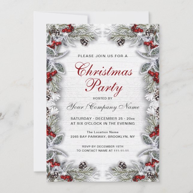 Holly & Pine Cones Branch Rustic Christmas Party Invitation (Front)