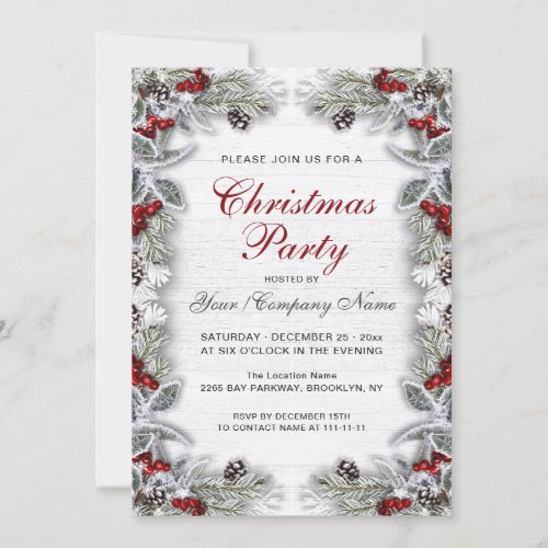 Holly  Pine Cones Branch Rustic Christmas Party Invitation
