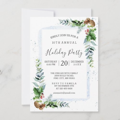 Holly Pine Cones Greenery Foliage Holiday Party In Invitation