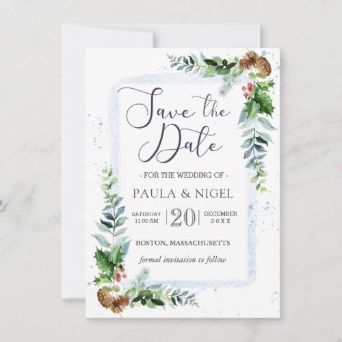 Holly Pine Cones Greenery Foliage Save the Date Invitation