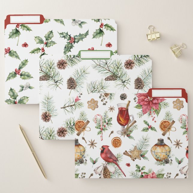 Holly Pine Cones Vintage Christmas Patterns File Folder (Set)
