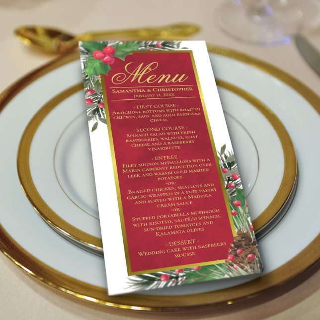 Holly & Pine Elegant Christmas Holiday Wedding Menu (In Situ on Plate)