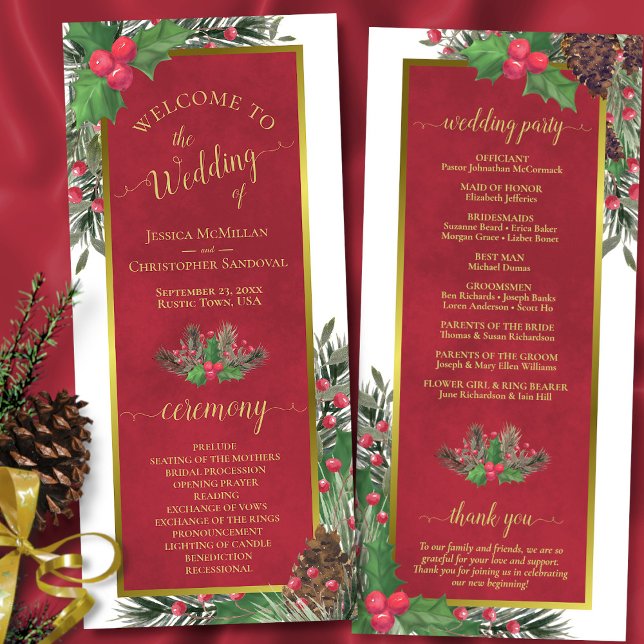 Holly & Pine Elegant Christmas or Holiday Wedding Program (In Situ Front/Back)