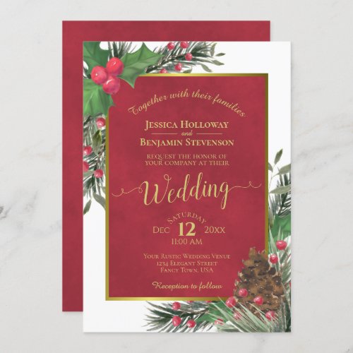 Holly  Pine Elegant Christmas Winter Wedding Invitation