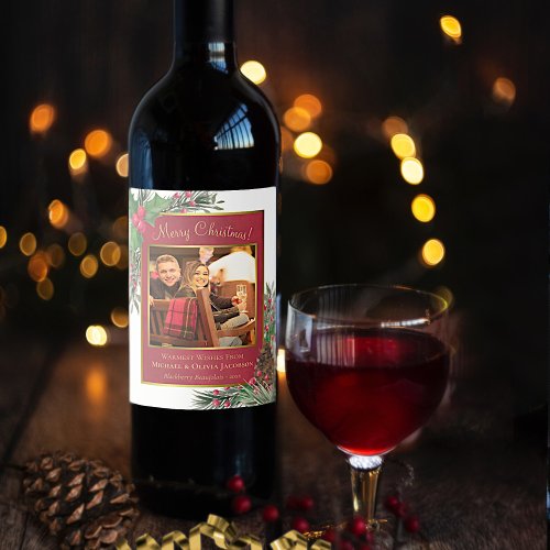Holly  Pine Festive Merry Christmas Holiday Photo Wine Label