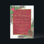Holly & Pine Formal Christmas Winter Wedding Invitation<br><div class="desc">This beautiful wedding invitation features a festive holiday design with hand painted watercolor holly leaves, berries, pine branches, and pine cones surrounding a golden faux foil frame on a marbled crimson red background. This invitation features fancy script lettering and formal wording where the wedding is being hosted by the parents...</div>