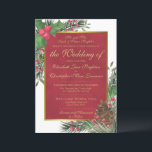 Holly & Pine Formal Christmas Winter Wedding Invitation<br><div class="desc">This beautiful wedding invitation features a festive holiday design with hand painted watercolor holly leaves, berries, pine branches, and pine cones surrounding a golden faux foil frame on a marbled crimson red background. This invitation features fancy script lettering and formal wording where the wedding is being hosted by the parents...</div>