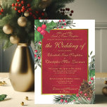 Holly & Pine Formal Christmas Winter Wedding Invitation<br><div class="desc">This beautiful wedding invitation features a festive holiday design with hand painted watercolor holly leaves, berries, pine branches, and pine cones surrounding a golden faux foil frame on a marbled crimson red background. This invitation features fancy script lettering and formal wording where the wedding is being hosted by the parents...</div>