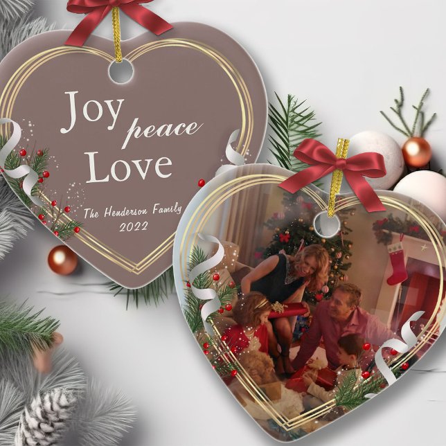 Holly & Pine Gold Frame Family Photo 2-sided  Ce Ceramic Ornament (Creator Uploaded)