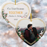 Holly & Pine Gold Frame Photo 1st Xmas Together  Ornament<br><div class="desc">Golden Line frame adorned with holly and pine ornament to display your own special memory. Heart shape is a perfect symbol for love. The bright and shiny gold line border encircles your memorial photo. The holly, pine and silk ribbon complete the whole design with a joyful atmosphere of the holiday...</div>